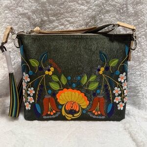 NWT Consuela Vic Downtown Embroidered Floral Olive Green Crossbody
